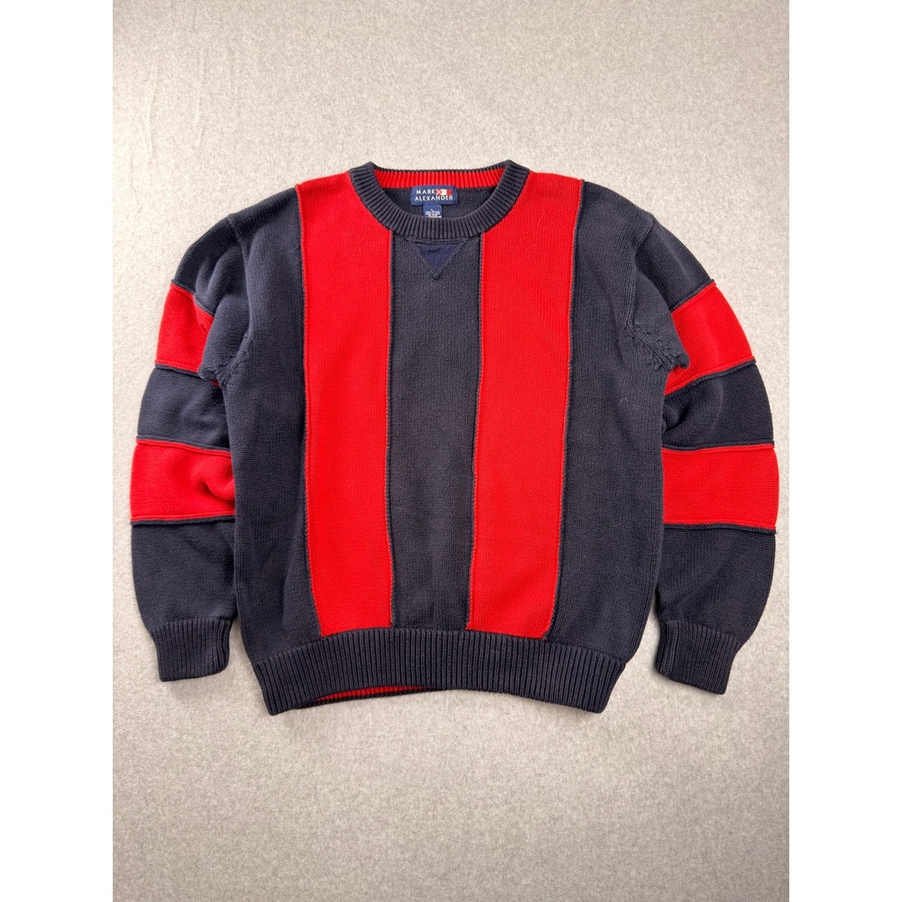Vtg 90s Mark Alexander Mens Large Cotton Knit Sweater Navy Blue Red Striped